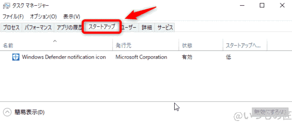 Windows10高速化:タスクマネージャーのスタートアップを選択する画面