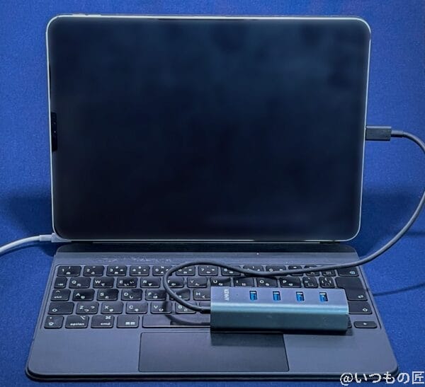 iPad ProへUSBデバイスを2つ接続した状態