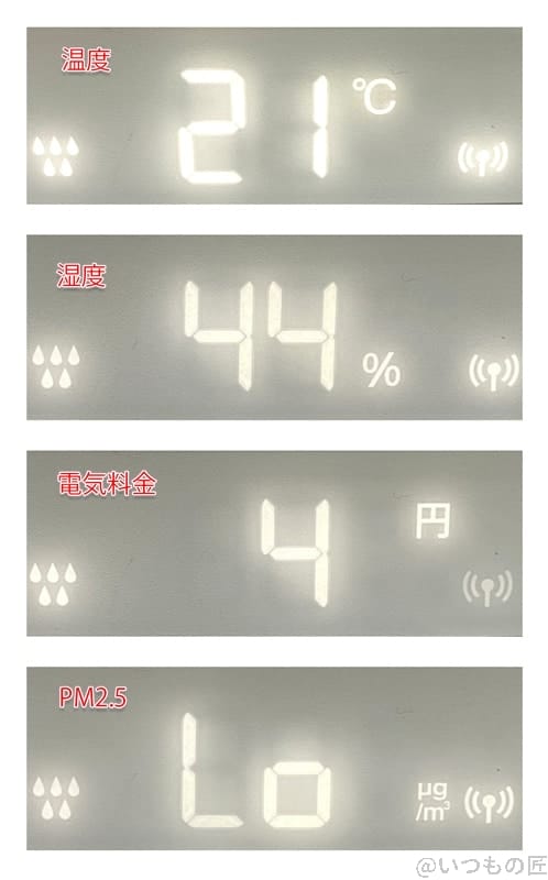 加湿空気清浄機「シャープ KI-LX75」のディスプレイ表示。タッチボタンで簡単に切替ができます。