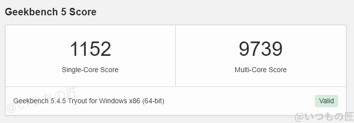 Ryzen9 3900のSingle-Core Score:1152、Multi-Core score:9739