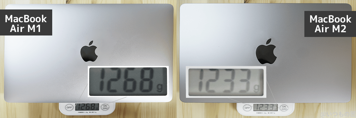 M1モデルは1,268グラム、M2モデルは1,233グラム