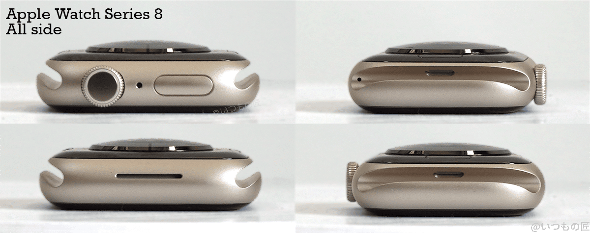 Apple Watch Series 8 右側面にデジタルクラウン（Digital Crown）とサイドボタン、上下面にはバンド穴、左側面にスピーカー兼通気口を搭載している
