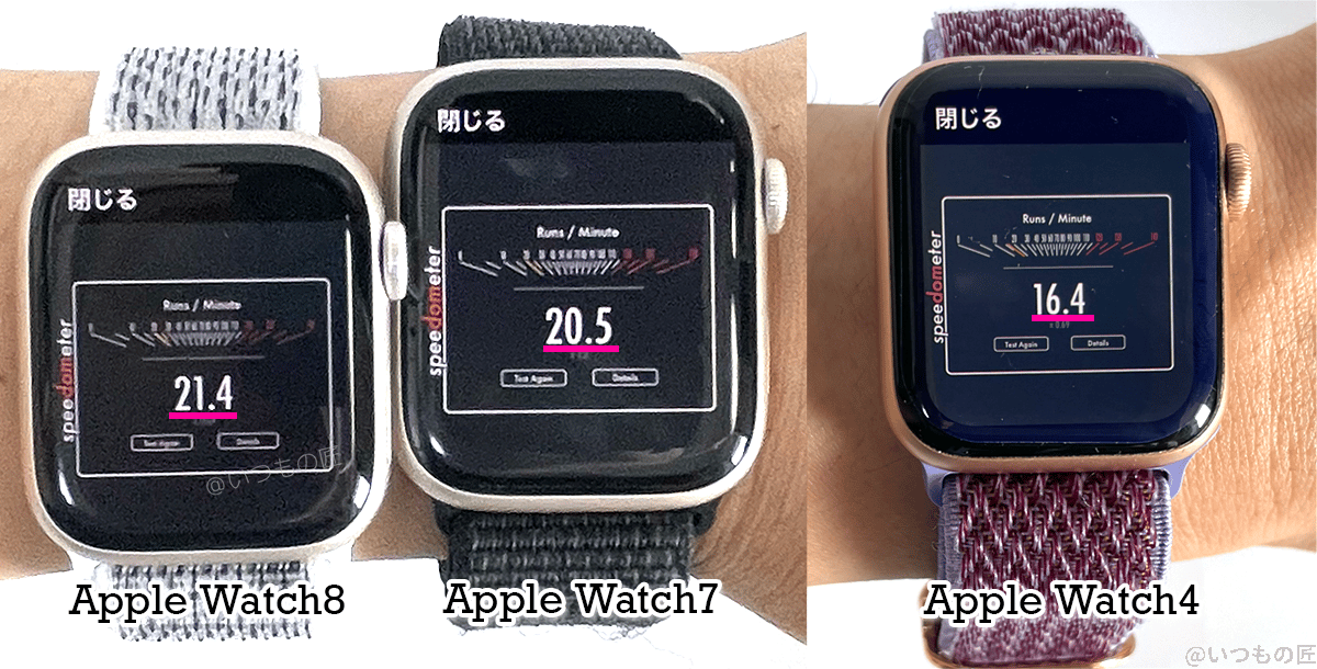 SpeedometerベンチマークテストのスコアはApple Watch8は21.4、Apple Watch7は20.5、Apple Watch4は16.4だった