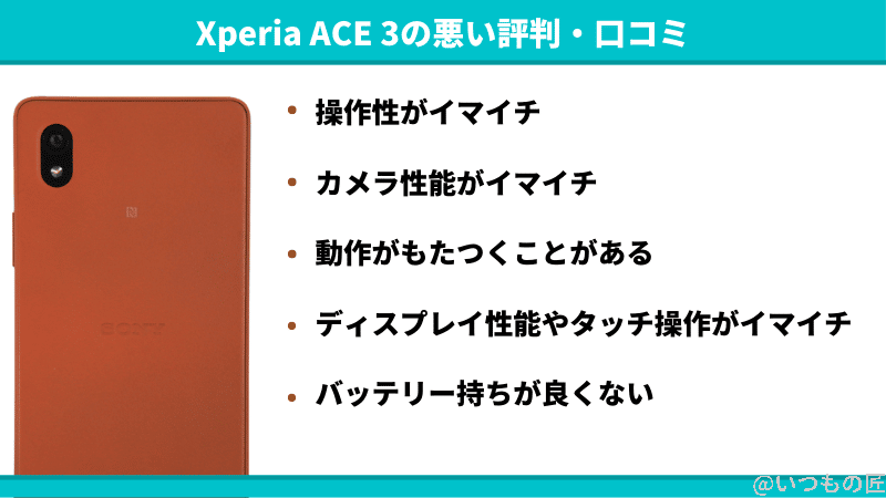 Xperia ACE Ⅲ の悪い評判・口コミは「操作性がイマイチ」「カメラ性能がイマイチ」「動作がもたつくことがある」「ディスプレイ性能やタッチ操作がイマイチ」「バッテリー持ちが良くない」