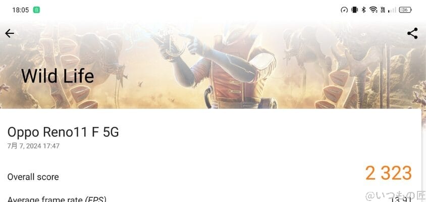 OPPO Reno11 A ベンチマーク
3D MarkのWild Lifeのスコアは、2,323