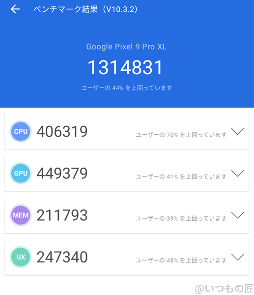 Google Pixel 9 Pro XL ベンチマーク Antutu AnTuTu Benchmark V10 計測結果（冷却時）