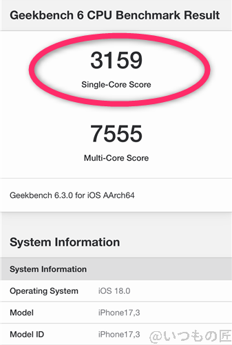 iPhone16 ベンチマーク Antutu Geekbench 6 CPUBenchmark 計測結果 Single-Coreの最高値