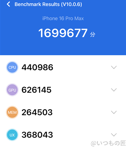iPhone16 Pro Max ベンチマーク Antutu AnTuTu Benchmark V10 計測結果（通常時）
