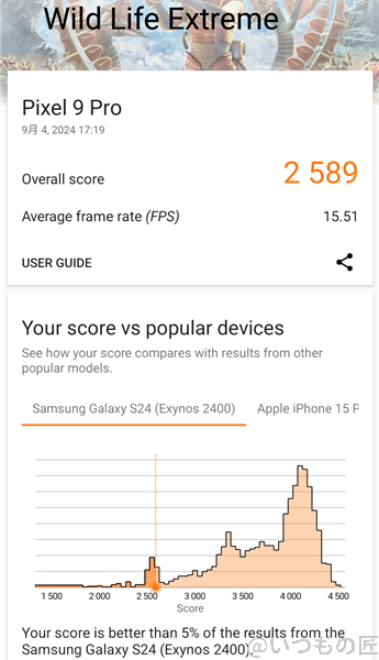 Google Pixel 9 Pro AnTuTu ベンチマーク 3D MarkのWild Life Extremeのスコア
