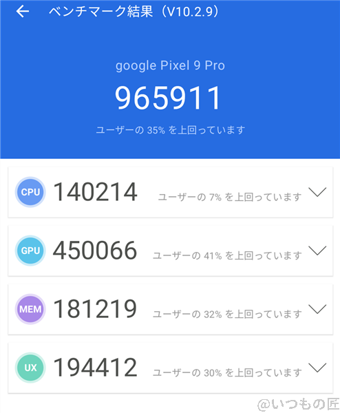 Google Pixel 9 Pro ベンチマーク Antutu AnTuTu Benchmark V10 計測結果(通常時)