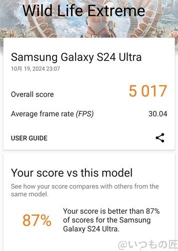 Galaxy S24 Ultra AnTuTu ベンチマーク 3D MarkのWild Life Extremeのスコア