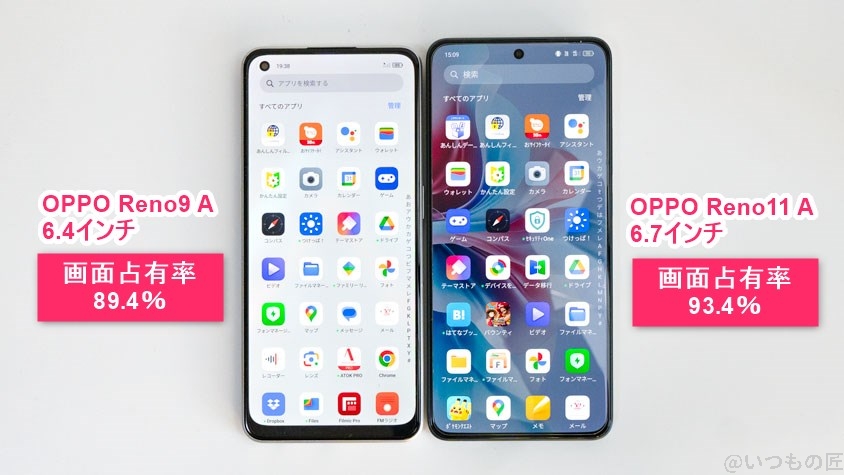 OPPO Reno11 A レビュー OPPO Reno11 AとOPPO Reno9 Aのディスプレイ比較