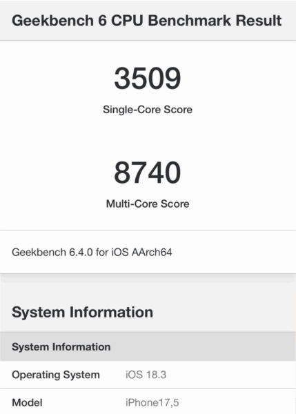 iPhone16e AnTuTu ベンチマーク
Geekbench 6 ベンチマークスコア：Single-Core Score:3509, Multi-Core Score: 8709