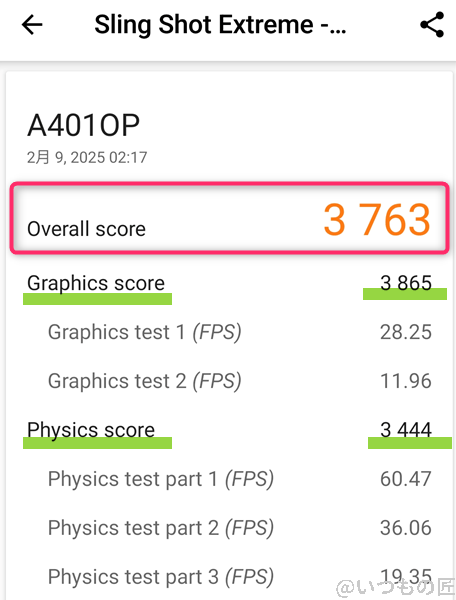 3DMark使い方 OPPO Reno11AのSling Shot Extreme測定画像