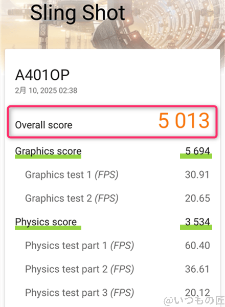 3DMark使い方 OPPO Reno11AのSling Shot 測定画像