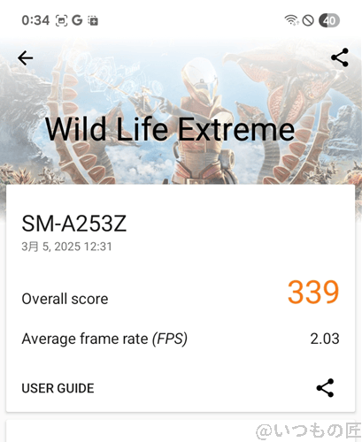 Galaxy A25 5Gの3D MarkによるWild Life Extremeのベンチマークの最高スコア